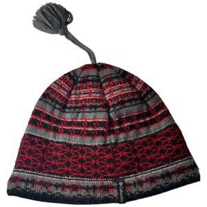 Columbia Youth Fleece Lined Wool Blend Tasseled Pom‎ Beanie Red/Black/Gray